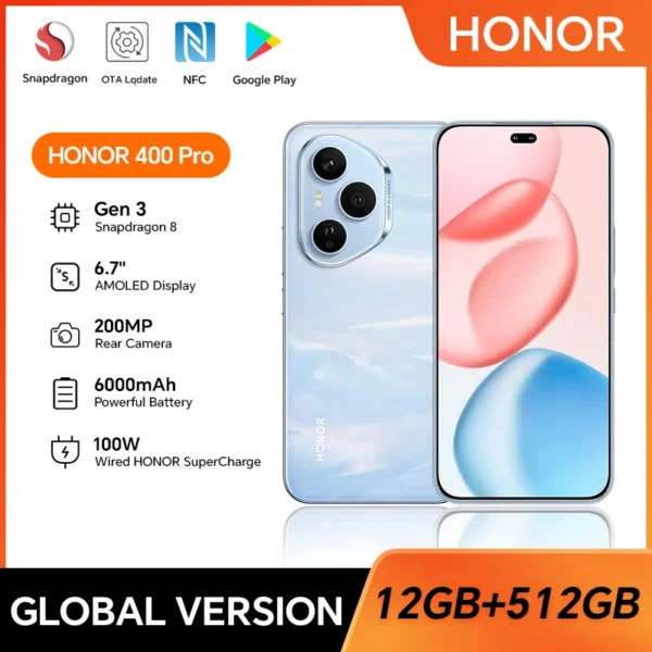 2025 New HONOR 400 Pro 5G Global Version Smartphone 200MP AI Main Camera 6.7'' AMOLED Screen 6000 mAh 100W Wired 50W Wireless