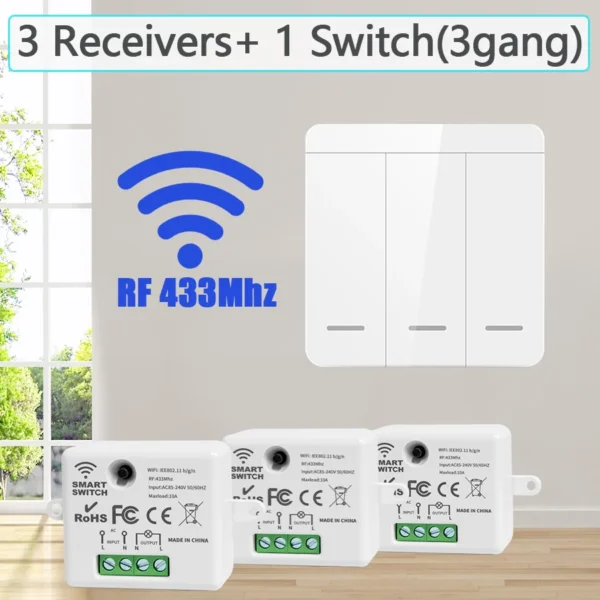 Wireless ON OFF Switch RF433 Module Remote Control Light Switch 1/2/3 Gang Wall Switch for Light Bulb Chandelier 10A 110V 220V
